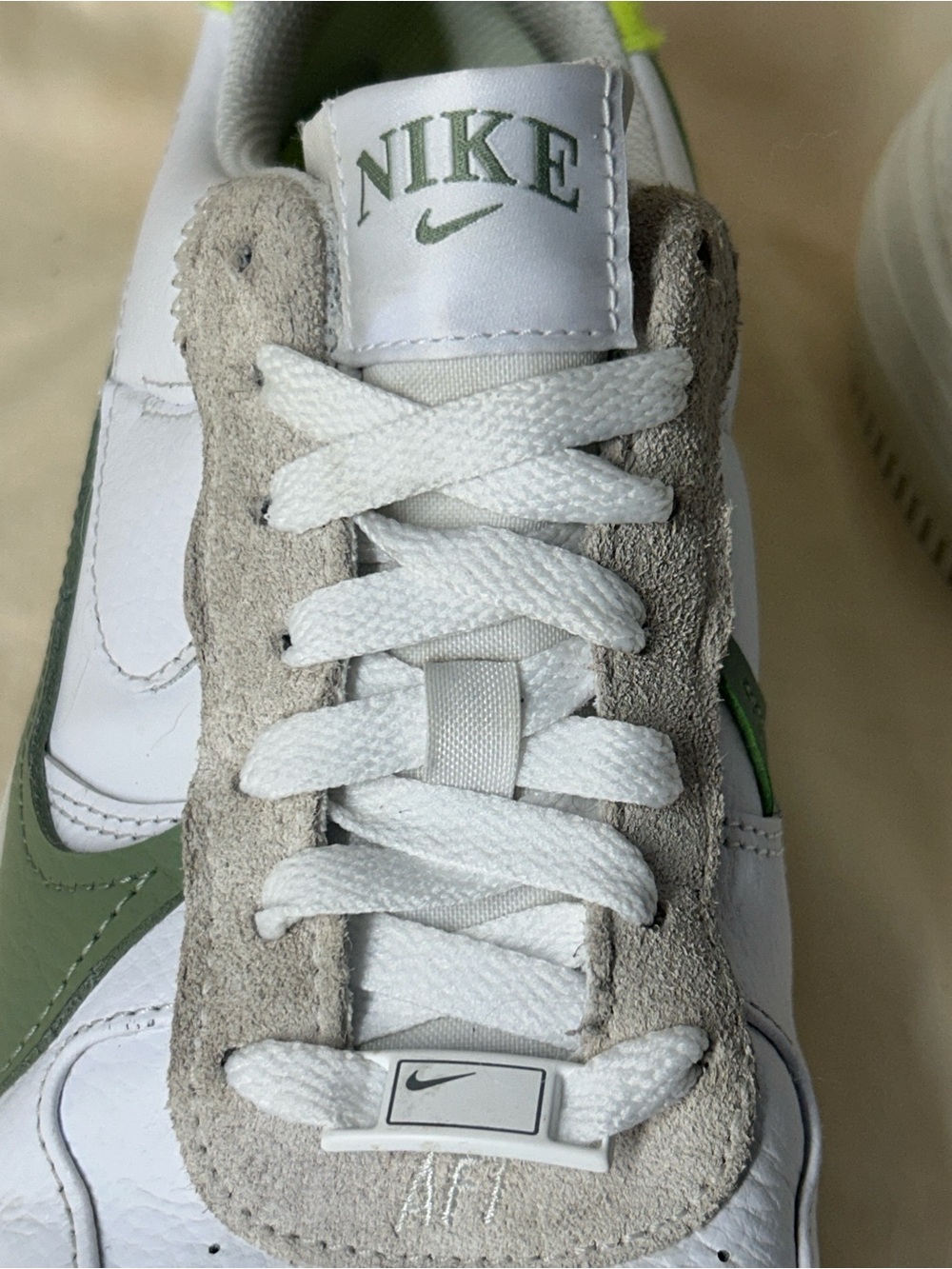 Nike Women's Air Force 1 PLT.AF.ORM sneakers in white, oil green, & volt size 8 - Picture 5 of 7